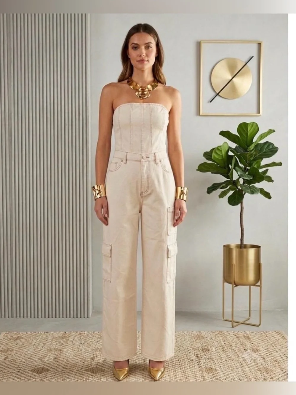 Wild Fable Women's Tube Cargo Cream Denim Jumpsuit